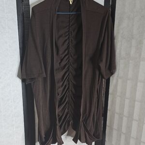Brown Ruched Open Cardigan